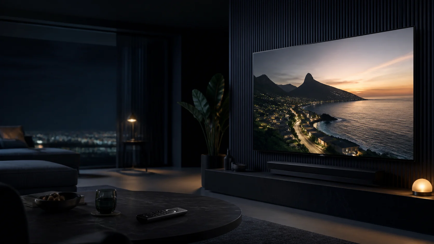 Sala contemporânea com televisão e controle remoto