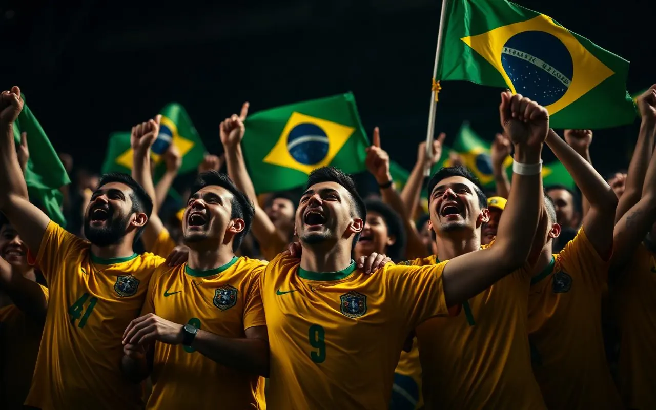 Brasileiros comemorando gol da Seleção Brasileira