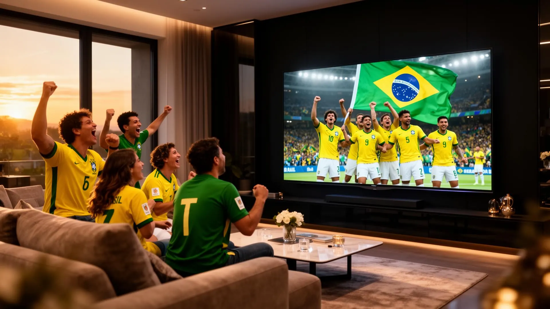 Família brasileira nos Estados Unidos assistindo futebol brasileiro na televisão