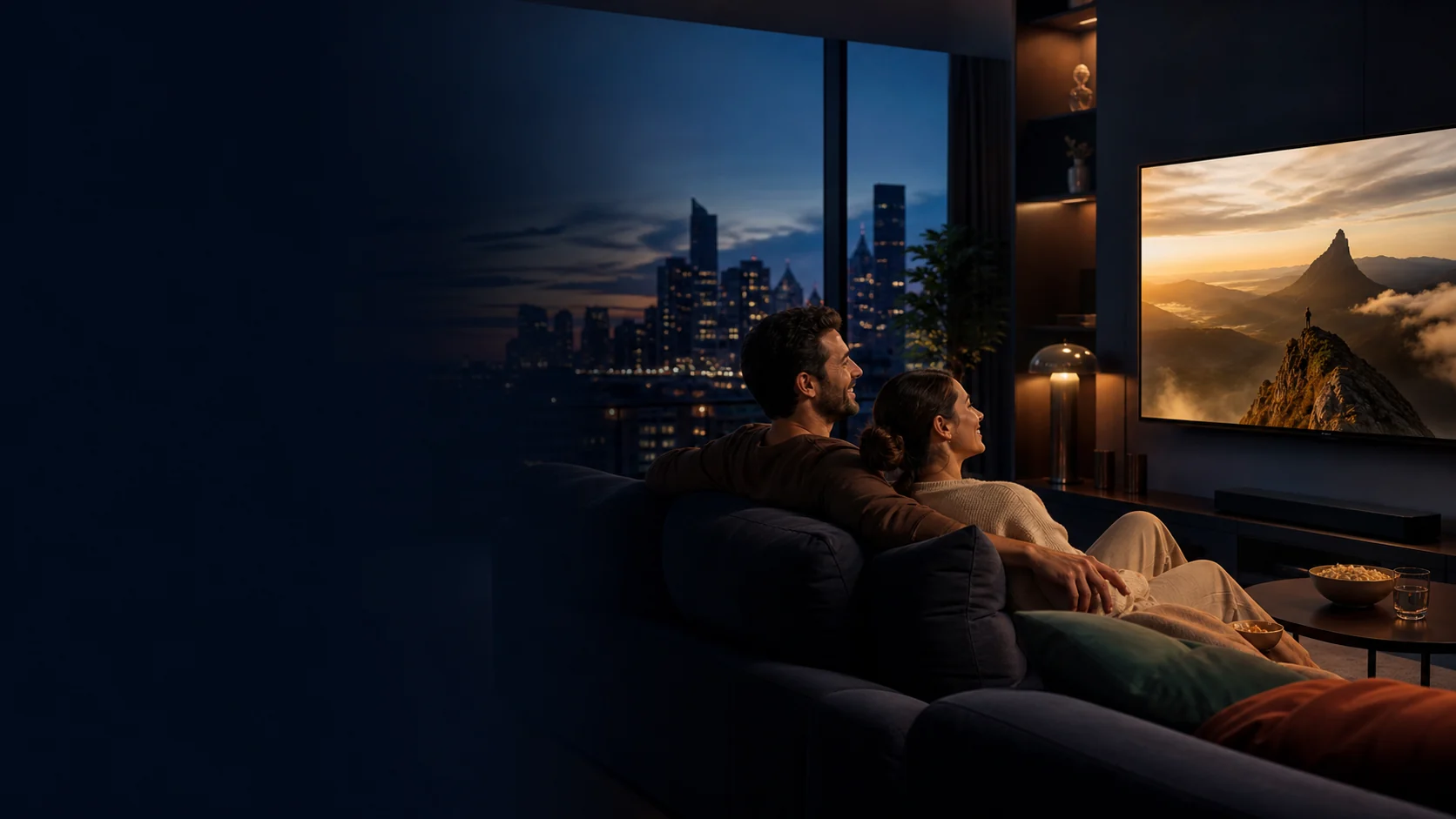Casal assistindo televisão em uma sala contemporânea